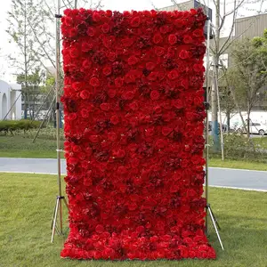 Artificial Flower Wall Wedding Decoration Background Red Rose Burgundy 3D Flower Wall Roll Up Curtain