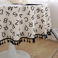 Nappe rustique style ferme avec pompons noirs, en coton et lin résistant, pour cuisine et salle à manger