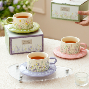 Ensemble tasse à café et plateau en céramique à motif floral de printemps 220 ml, motif de dessin animé, passe au micro-ondes et au lave-vaisselle, personnalisable, cadeau pour la fête, la maison, le bureau - Product Image 1