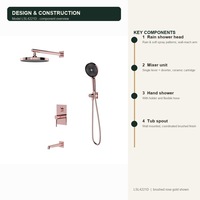 Ensemble de mitigeur de douche encastré en laiton brossé, mural, monocommande, cartouche céramique, jet doux effet pluie, finition or rose et gris anthracite, personnalisable