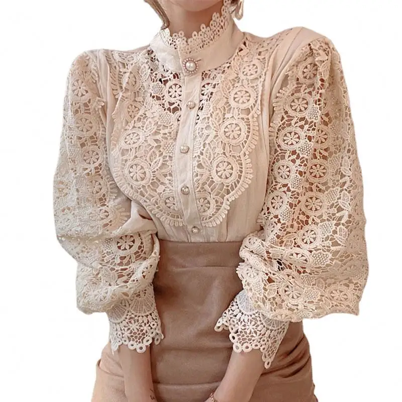 YP Hot Sale sexy tops Autumn Hollow Sexy Blouse Plus Size Stand-Up Collar White Tops Lace Long Sleeve Fashion Women Shirt