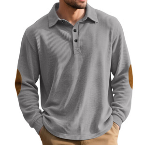 Polo à manches longues côtelé pour homme avec col boutonné et empiècements aux coudes pour un style décontracté en automne et en hiver - Product Image 3
