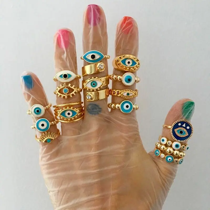 Europese En Amerikaanse Mode-sieraden 14K Vergulde Magic Eye Ring Opening Verstelbare Evil Eye Ring Set Vrouwelijke