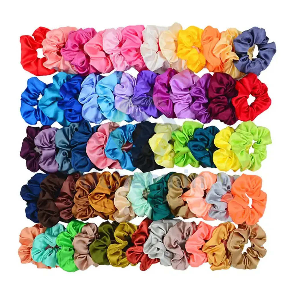 Nhà Máy Tùy Chỉnh Thiết Kế Logo In Scrunchies Lụa Satin Tóc Đàn Hồi Quan Hệ 60 Màu Sắc Scrunchies