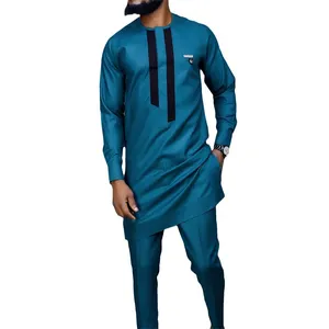 थोक अफ़्रीकी शैली पुरुषों का कैज़ुअल सूट 2-पीस लंबी आस्तीन वाली ठोस रंग की पैचवर्क शर्ट और पैंट सूट