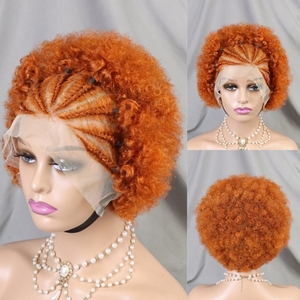 Perruque Courte Bob Pixie Cut <span class=keywords><strong>Afro</strong></span> Crépu Bouclé en Cheveux Humains Ginger Orange avec Tresses, Perruque Frontale en Dentelle Transparente 13x4 pour Femmes - Product Image 1