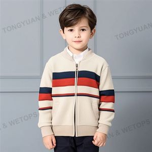 Cardigan personnalisé de haute qualité pour garçon, fermeture éclair, col rond, rayé, tricot en coton pour enfants - Product Image 2