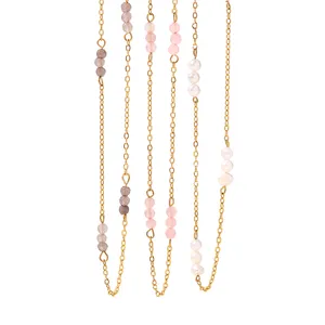 INS Pink Natural Stone Stainless Steel 18K Gold-plated Stranded Opal Stone Bead Chain Necklace Party Set