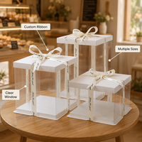 Boîte à gâteau en plastique PE transparente haute avec logo personnalisé, panneau PET transparent en carton blanc, emballage pour pâtisserie, mariage, anniversaire, dessert