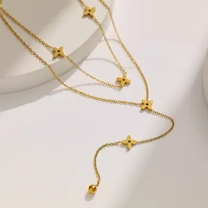 Colar de joias femininas XIXI Multicamadas com corrente de suéter longo banhado a ouro 18K pingente de aço inoxidável trevo de quatro folhas moda