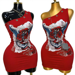 Robe mini décontractée d'été 2026 style Y2K vintage, sexy, sans manches, asymétrique à une épaule, taille empire ajustée, avec découpes, vente en gros - Product Image 3