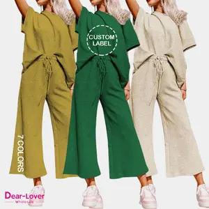 Deear-Lover ชุด2ชิ้นสำหรับผู้หญิงฤดูใบไม้ผลิเสื้อยืดทรงหลวมมีพื้นผิวกางเกงเชือกรูดชุด2ชิ้นสำหรับผู้หญิง