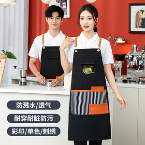 Cross Weave Polyester Cotton Canvas Apron Black With Pockets For Restaurant Bar Workwear Custom Logo Printing - Product Image 1