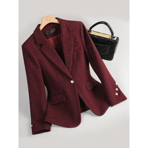 Women's <b>Wool</b> Blazer Reddish <b>Brown</b> Solid Color Long Sleeve Slim Fit Casual Workwear Coat - Product Image 2