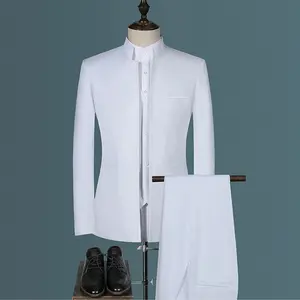 Trajes de cuello Mandarín de estilo chino para hombre, conjunto de pantalones elegantes, top con pantalones