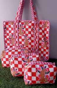 Ensemble sac fourre-tout matelassé et trousse de toilette imprimé palmiers roses, fait main en coton, organiseur de maquillage de voyage - Product Image 3