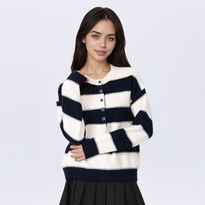 Womens <strong>Woolen</strong> Stripe Knitted <strong>Tops</strong> 100% Wool Elegant Crew Neck Knitted Pullover with Elastic Ribbed Hem - Product Image 3