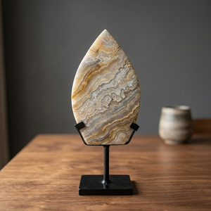 En gros, Agate Crazy Lace Naturelle Marron en forme de feuille, Cristal de flamme poli sur une face, 15 cm, Spécimen de feu, Support en fer sur mesure - Product Image 3