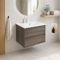Kabinet Kamar Mandi Mengambang Motif Kayu Gelap dengan Wastafel Putih Terintegrasi Dua Laci Furnitur Proyek Hotel Villa Kustom