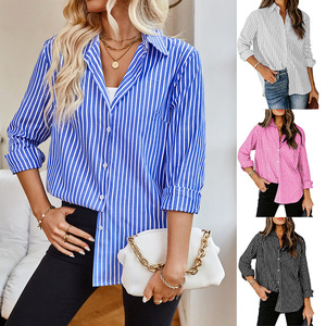 Camicia a maniche lunghe Casual Casual camicetta a maniche lunghe con scollo a V a strisce verticali da donna - Product Image 2
