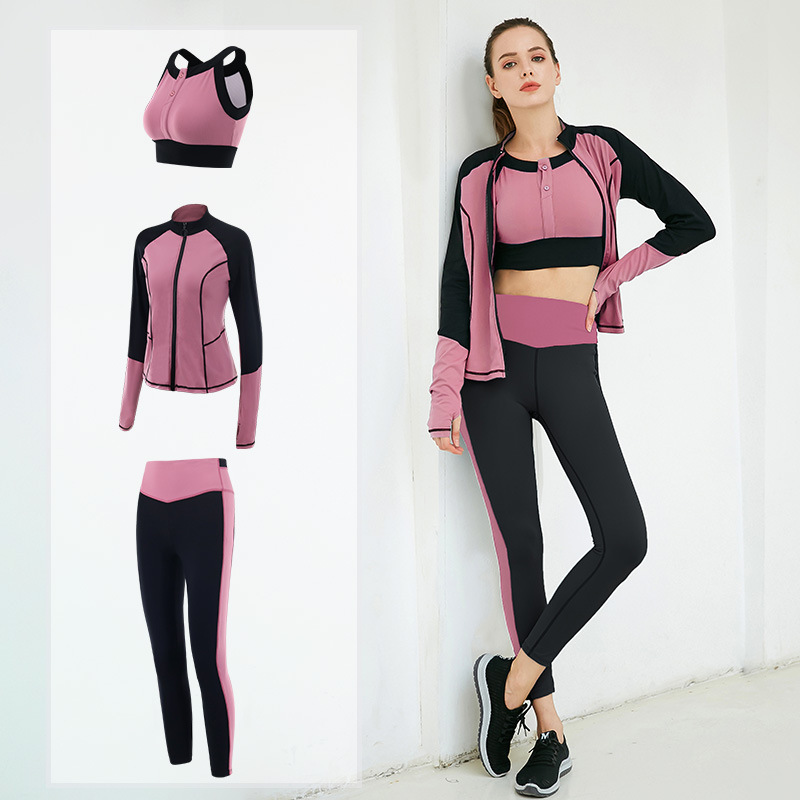 Ladies Three-Piece Yoga Set High-Waist Slim-Fit Pants Tapered Legs Elastic Waist Quick-Dry Vest Coat Bra Breathable
