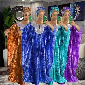 2024 African Women Free Size Printed Floor Length Sequin Dress Muslim Fashion Islamic Clothing Kaftan Abaya Robe With Headscarf