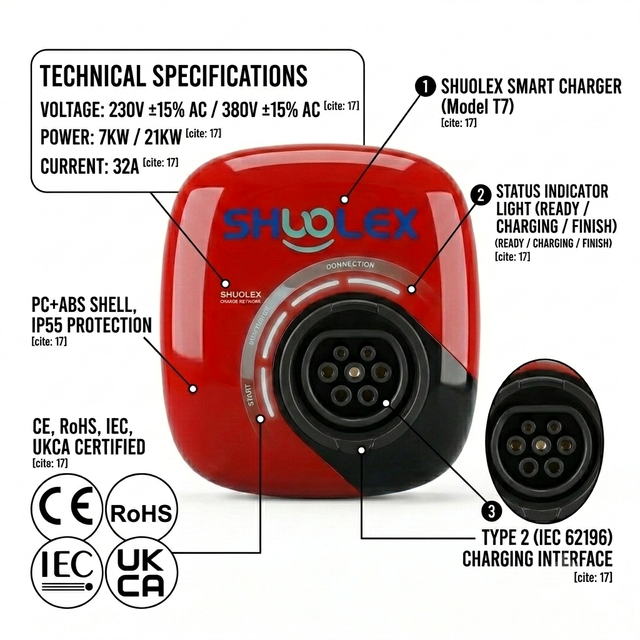 SHUOLEX Smart EV Charger 7KW 21KW Type 2 Wallbox AC Charging Station 32A WiFi 4G APP Control for Home