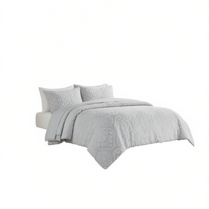 Ensemble de housse de couette en tissu tissé à motifs tuftés gris clair 3 pièces en coton, literie classique pour la maison - Product Image 1