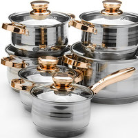 Ensemble de casseroles de cuisine minimaliste en acier inoxydable écologique 18/20/24, 12 pièces, avec couvercle en verre, compatible four