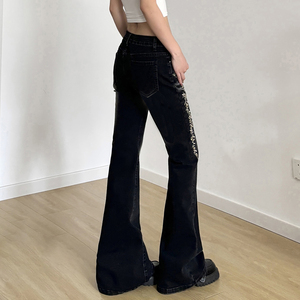 Jean évasé personnalisé pour femme avec broderie florale, coupe vintage délavée, jambe large, taille haute, style Y2K streetwear - Product Image 5
