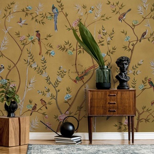 Papel Tapiz Autoadhesivo Ecológico de Papel de Seda Impermeable con Diseño Chinoiserie en Amarillo Mostaza, Pájaros, Flores y Ramas, Papel Tapiz Moderno para Paredes del Hogar - Product Image 3