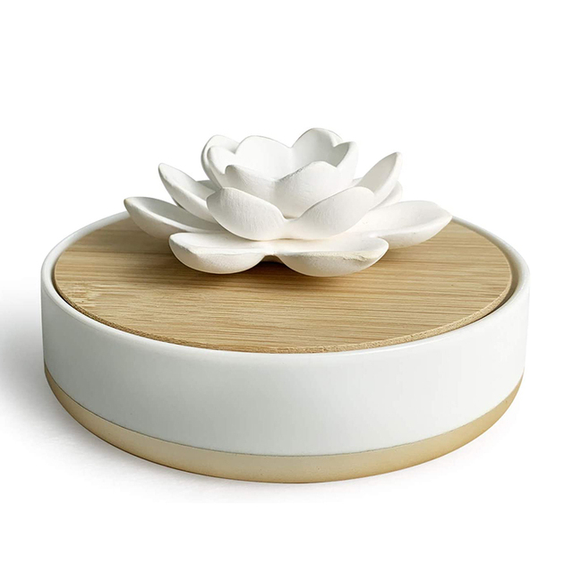 Stoneware Flower Ceramic Essential Oil Reed Diffuser Jar With Wood Lid