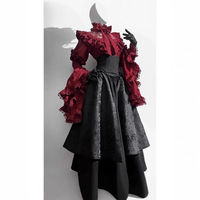 Ensemble 2 pièces Lolita Gothique Sombre pour Femme : Blouse à Manches Hime en Dentelle Rouge Vin et Corset Noir à Baleines, Jupe Longue Maxi – Tenue de Soirée