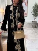 Abaya Hafizah en velours noir avec appliques florales en dentelle, robe musulmane de Dubaï, vente en gros, commande en gros, fournisseur d'usine, Ramadan Eid 2026
