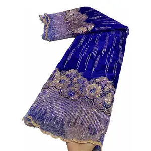 迪拜新款天鹅绒布拼接网眼蕾丝面料精致奥地利亮片刺绣蕾丝面料婚礼蕾丝面料市场