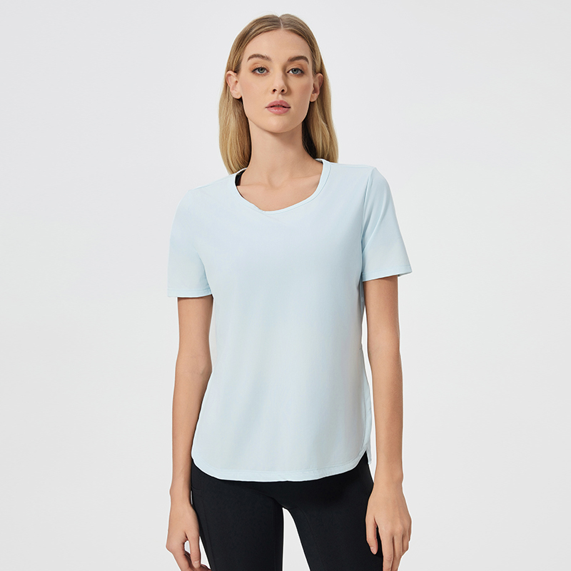 Womens YogaWorkout Short Sleeve Top High Stretch NylonSpandex Lightweight Sweat Wicking BreathableTee with Side SlitsCurved Hem