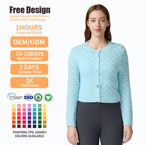 Pull personnalisé avec logo, tricot ajouré bleu clair d'hiver, col rond, boutonné, pull court en tricot pour femmes, cardigan - Product Image 2