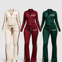 Ensemble de salon 2 pièces en velours personnalisé pour femme, veste zippée en velours à rayures léopard et pantalon évasé, tenue streetwear d'hiver avec logo personnalisé