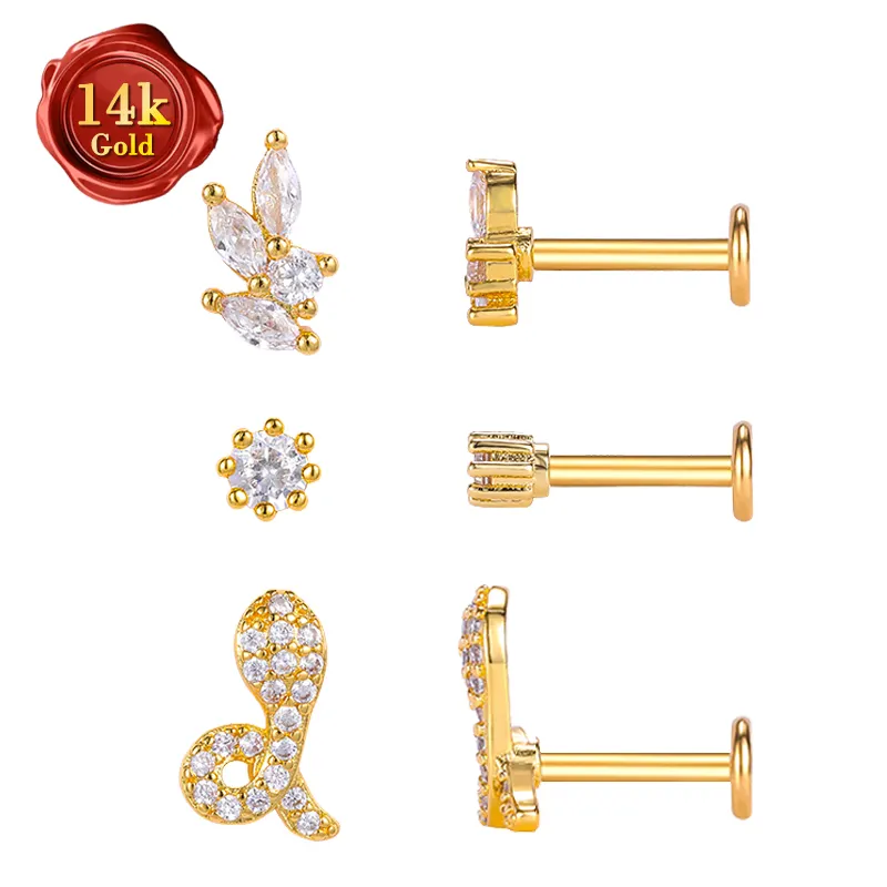 Trang Sức Lấp Đầy Màu Vàng 14K Bông Tai Xỏ Lỗ Xỏ Lỗ Kim Cương Moissanite Bông Tai Xỏ Lỗ Vành Tai Mặt Phẳng