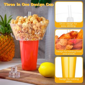 Gobelet multifonctionnel transparent en PP pour traiteur, portable, jetable, 2-en-1, pour boissons et collations, avec paille - Product Image 3