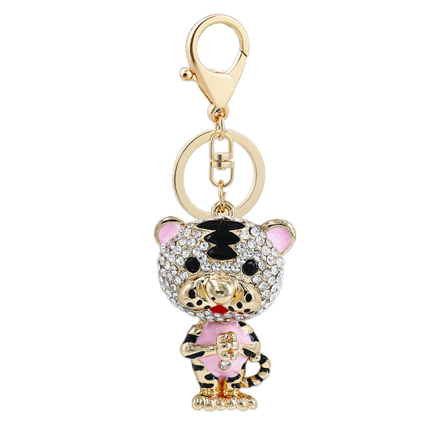 Sparkling Rhinestone Alloy Cartoon Tiger 3D Animal Shaped Key Chain for Bag Decoration Fashion Jewelry Gift