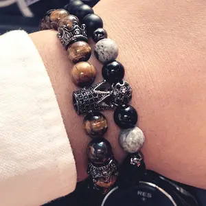 New Fashion Punk Men Bracelet Natural Stone CZ Pave Charm Elastic Beads Gemstone Bracelet Set For Men