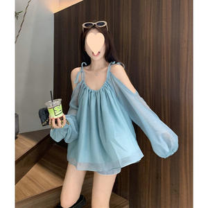 Camisola de Poliéster/Algodón Estampada Azul Menta con Hombros Descubiertos y Mangas Farol para Mujer, Top Elegante y Holgado Transpirable para Verano - Product Image 1