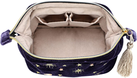 Sac à cosmétiques pratique avec pompons, velours bleu marine brodé, application lune étoiles, soleil, maquillage, sac à perles, fermeture éclair, pochette de rangement pour esthéticienne