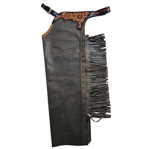 Custom Brown Leather Rodeo Chaps with Hand Tooled Floral Yoke and Long Fringe for Men - Product Image 1
