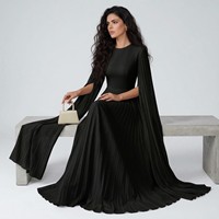 Robe de soirée noire unie pour femme, col rond, manches évasées fendues, coupe trapèze, taille naturelle, plissée, fluide, tricotée, lavable