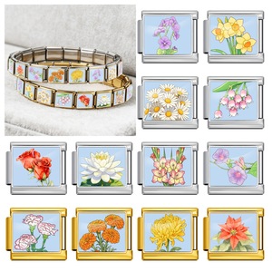 Bracelet modulaire italien en acier inoxydable avec breloque détachable DIY, motif fleur du mois, pour femmes et hommes, cadeau - Product Image 1