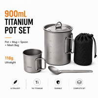 Ensemble de cuisine en titane en gros : Marmite 900 ml, Tasse 300 ml, Cuillère à long manche – Kit de cuisson pour le camping – Personnalisation de marque disponible