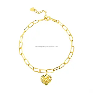 Diseño de lujo AU750 oro forma de corazón amor cesta colgante 18K oro sólido papel Clip cadena pulsera al por mayor