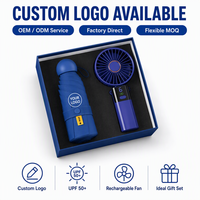 Set Hadiah Promosi Logo Kustom Payung dengan Kipas Mini Genggam untuk Acara Bisnis Korporat dalam Kotak Hadiah Elegan